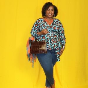 Wrap-Front Leopard Print Blouse in Aqua and Orange